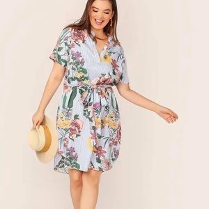 V-neck Striped & Floral Print Dress